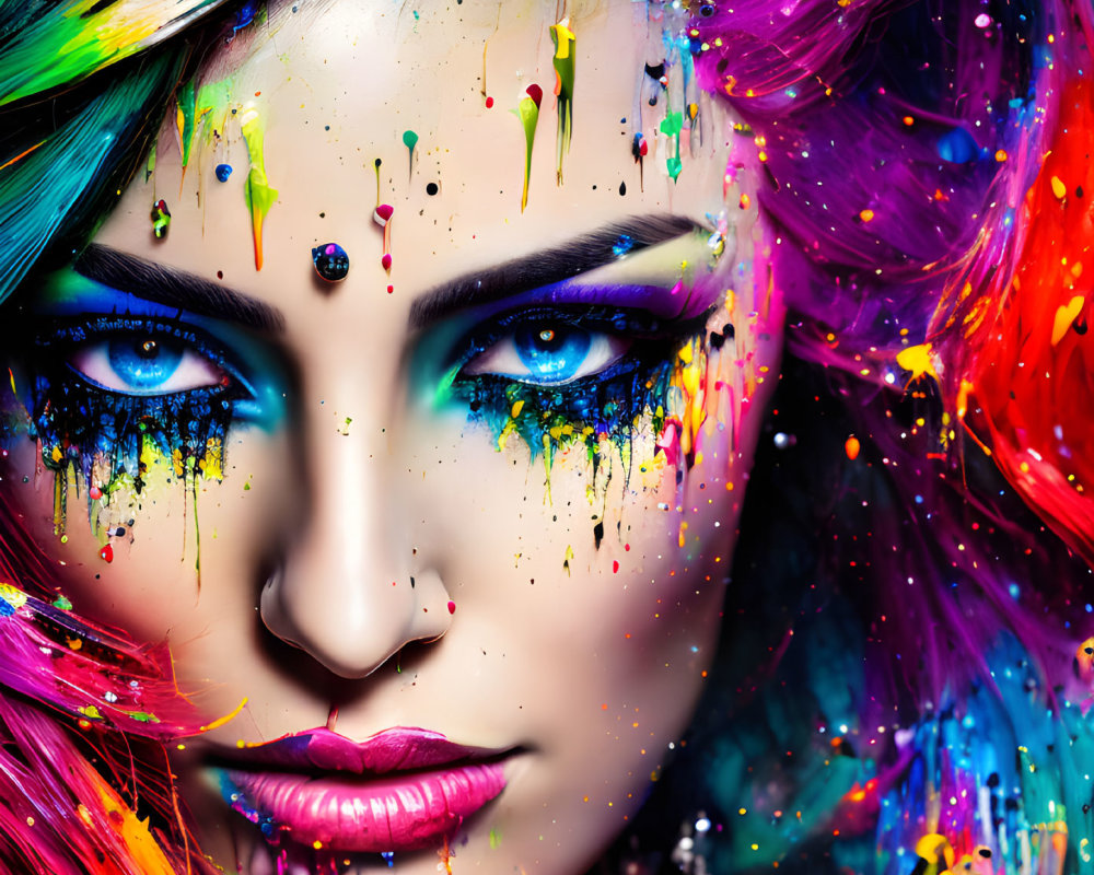 Colorful portrait of woman with multicolored hair and makeup and paint splatters