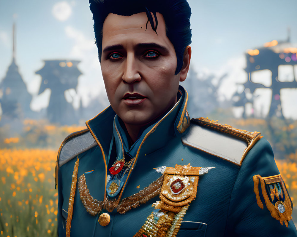 3D rendering of Elvis Presley-like character in military uniform among yellow flowers