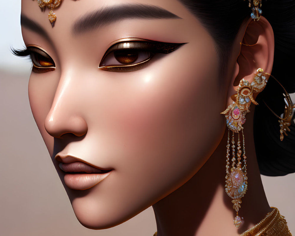 Detailed Close-Up of 3D-Rendered Woman in Gold Jewelry