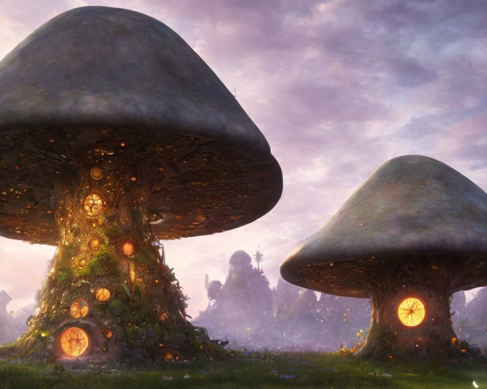 Mystical landscape with giant mushroom-shaped structures at dawn