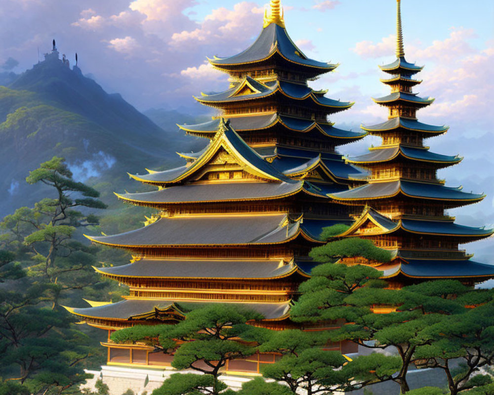 Multi-tiered pagoda in lush greenery with distant castle silhouette