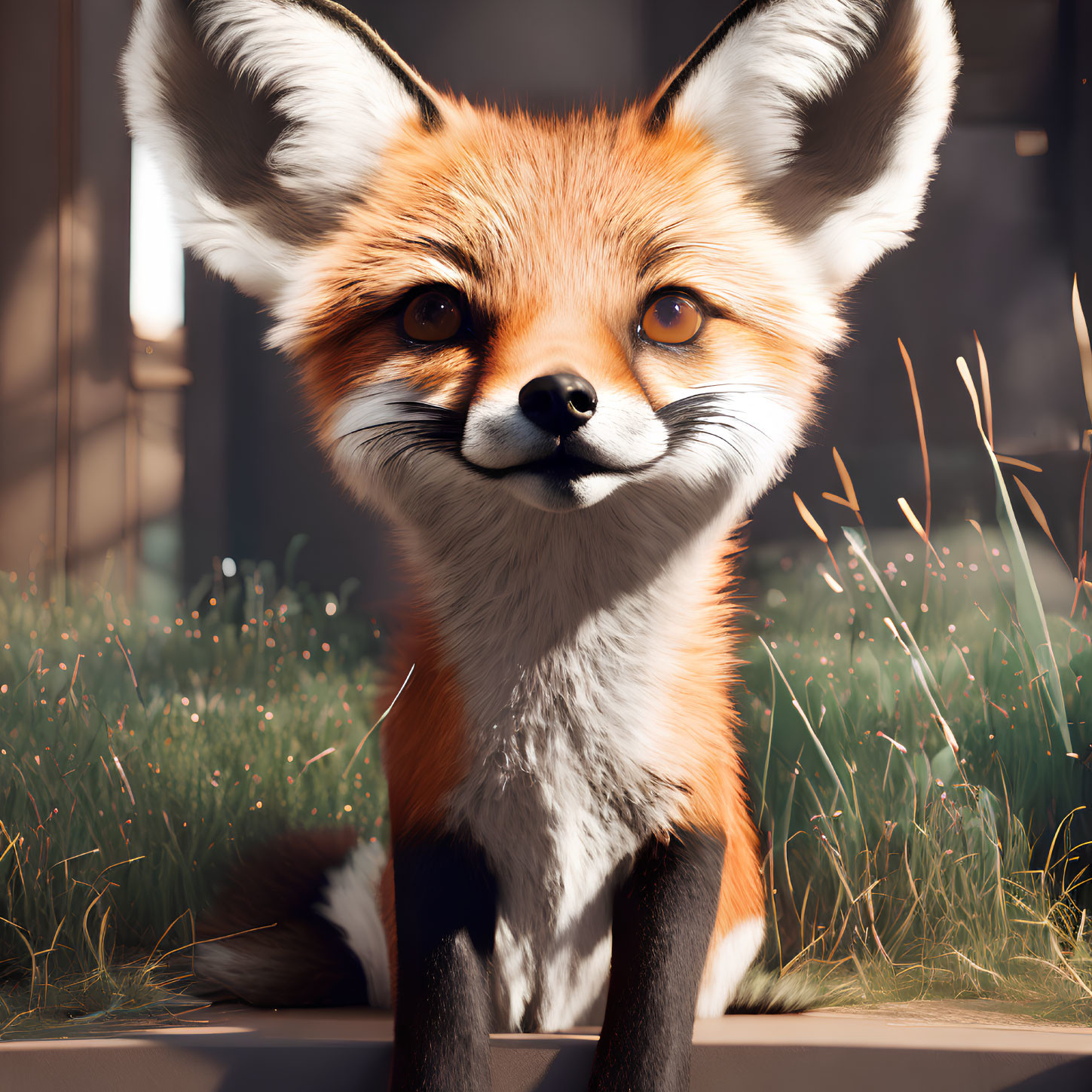 Realistic fox with vibrant orange fur in sunlit field