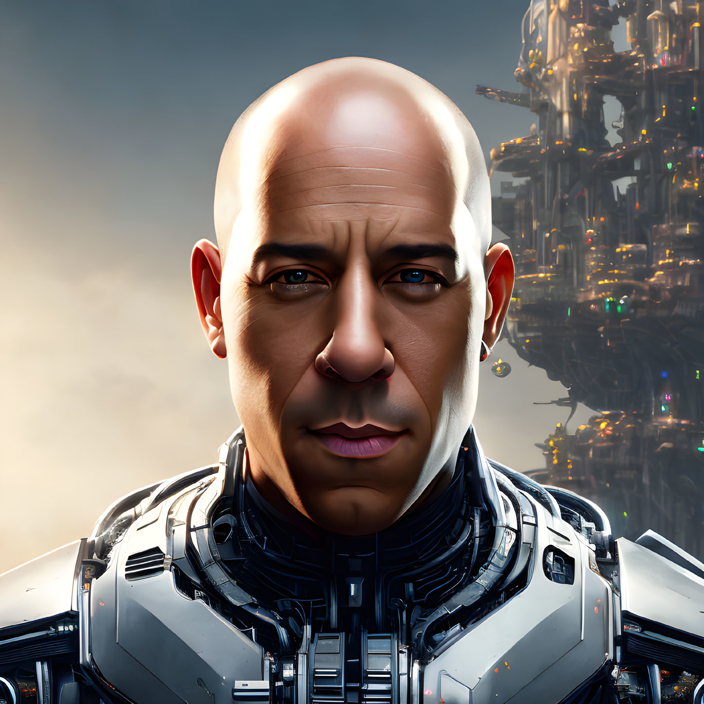 Bald character in futuristic armor against sci-fi city backdrop