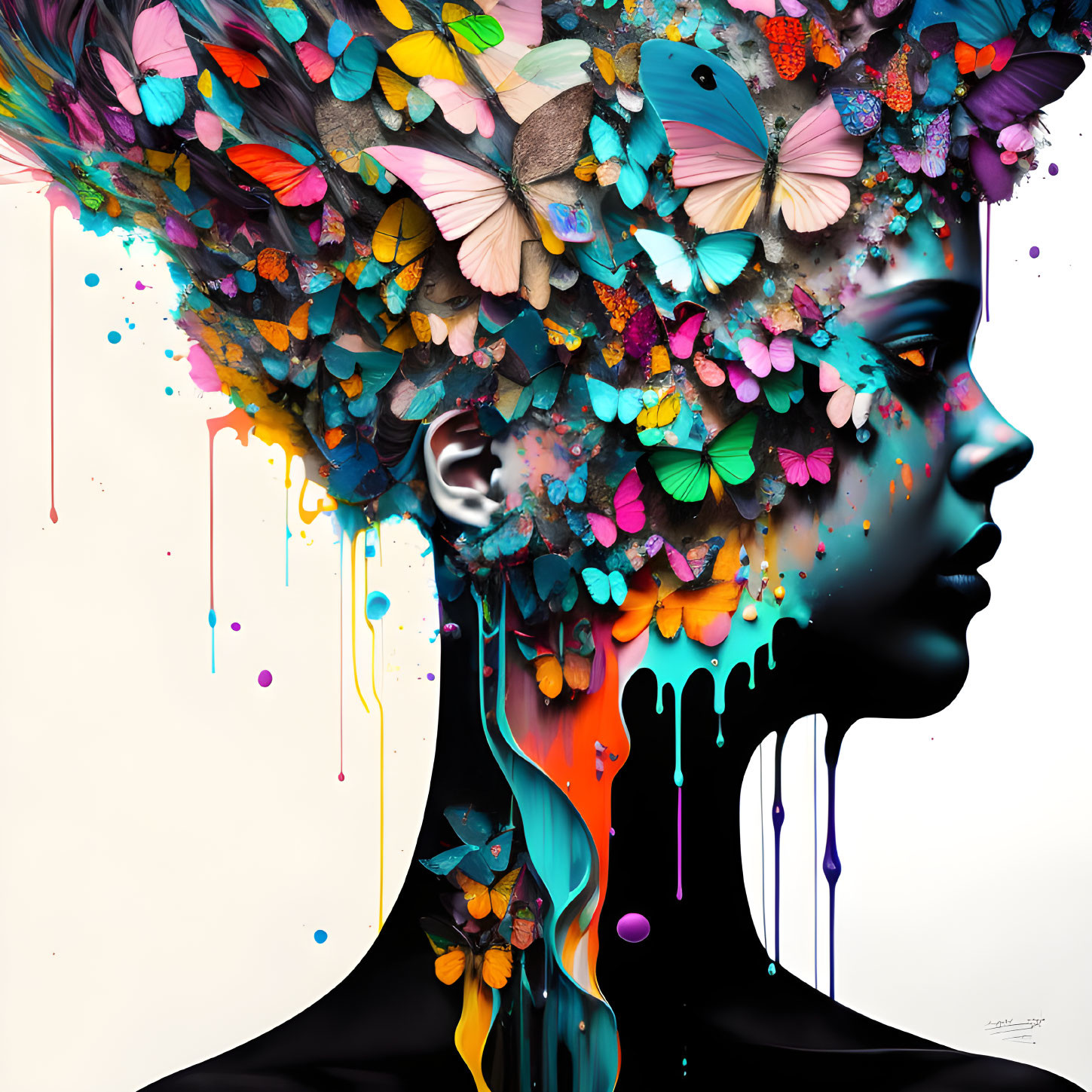 Colorful butterflies and paint drips adorn profile portrait in imaginative headpiece