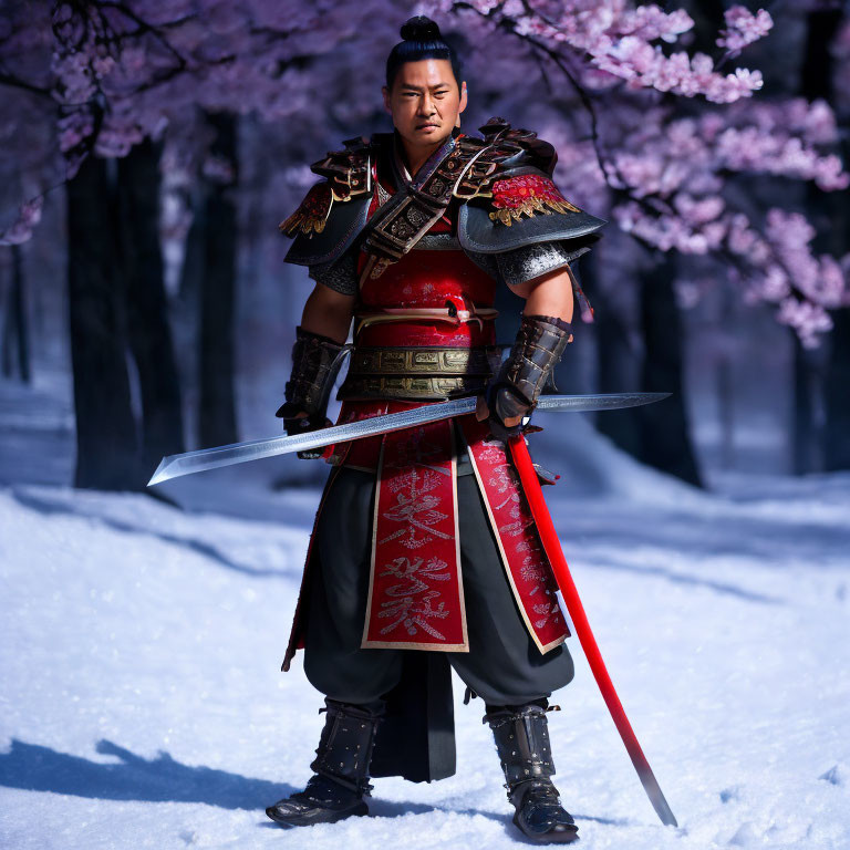 Traditional samurai armor with sword in cherry blossom snowscape