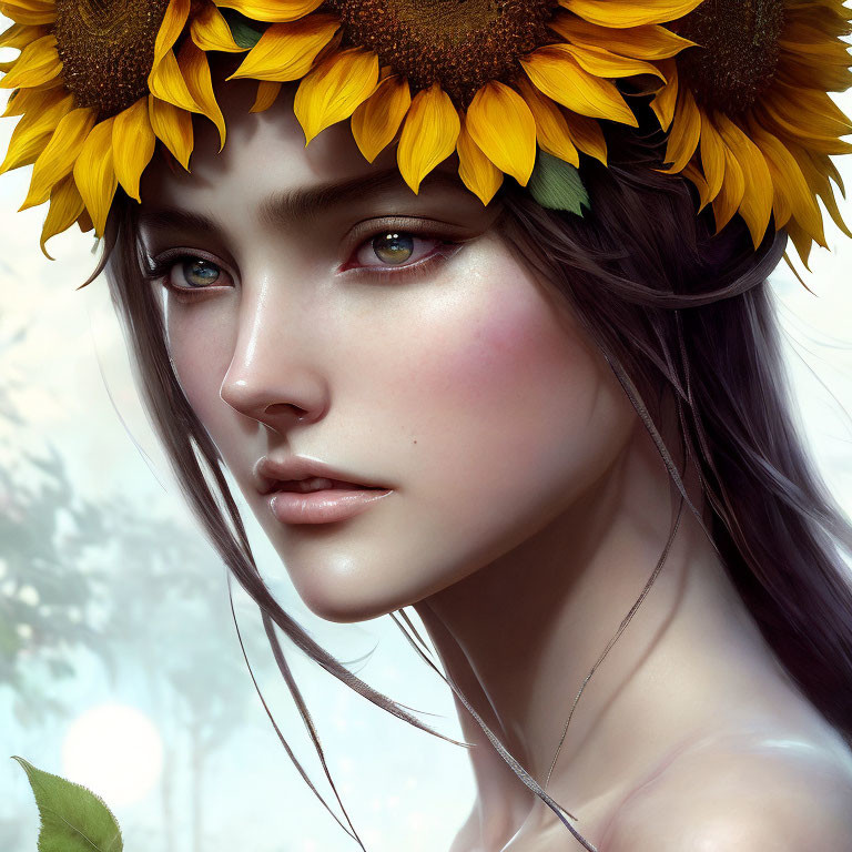 Detailed digital portrait of woman with sunflower crown in serene setting