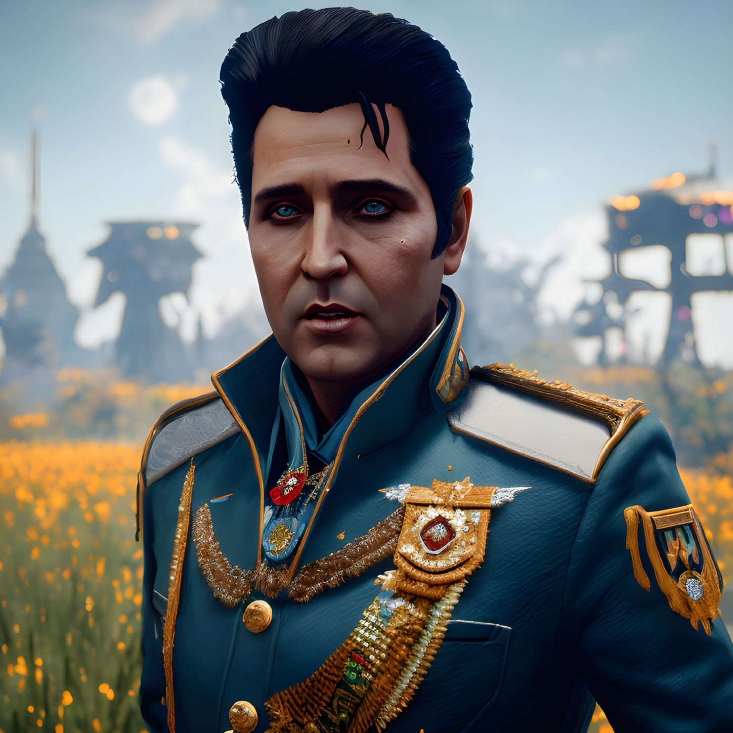 3D rendering of Elvis Presley-like character in military uniform among yellow flowers