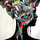 Colorful butterflies and paint drips adorn profile portrait in imaginative headpiece