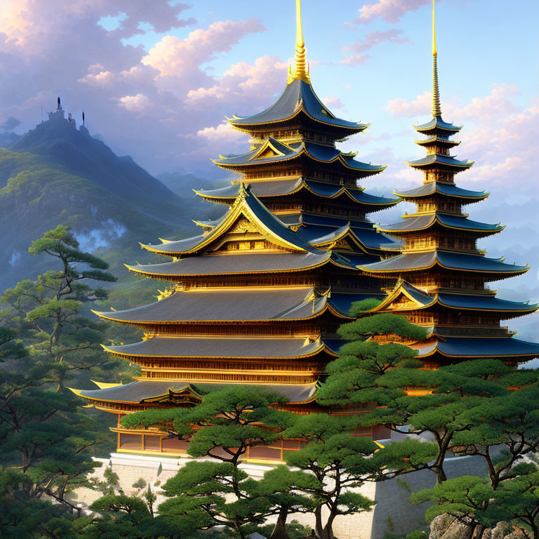 Multi-tiered pagoda in lush greenery with distant castle silhouette