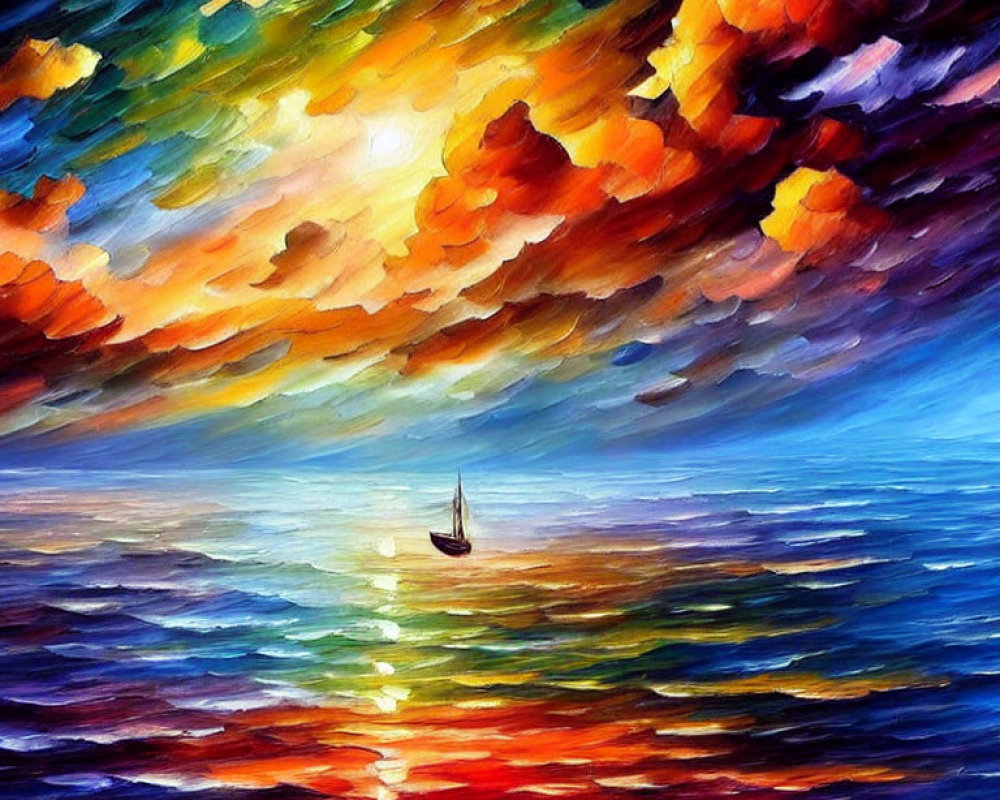 Vivid sunset painting with ocean and sailboat