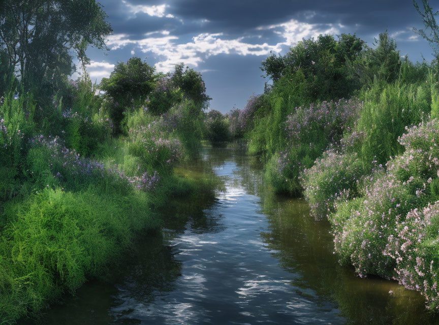 Tranquil river with greenery, purple flowers, and sunlight under cloudy sky