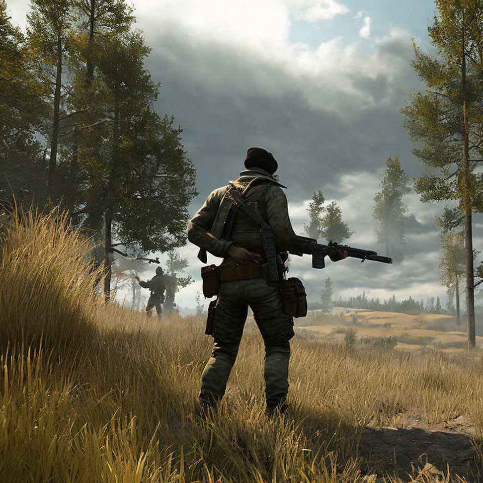 Soldier in combat gear observing soldiers in grassy field under cloudy sky