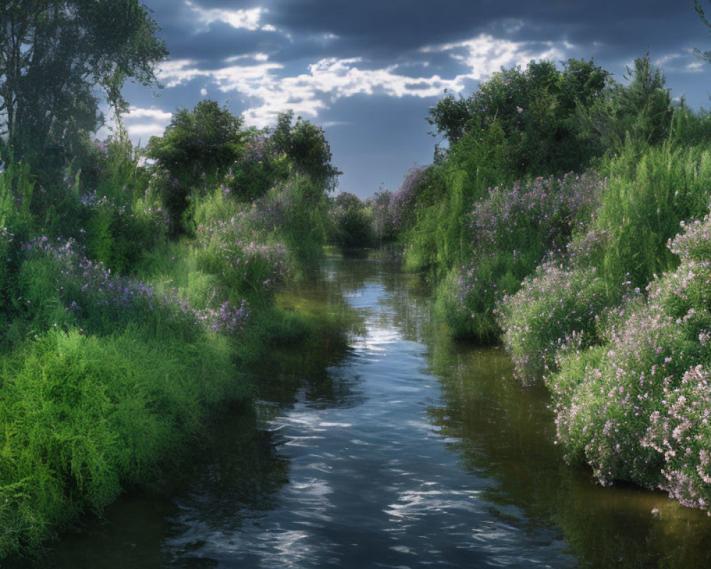 Tranquil river with greenery, purple flowers, and sunlight under cloudy sky