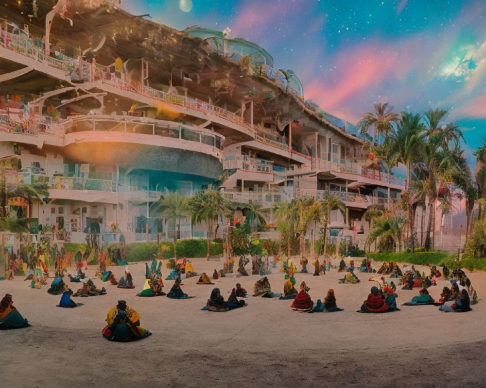 Vibrant surreal image: people seated in circle on sand by multi-level building under starry sky