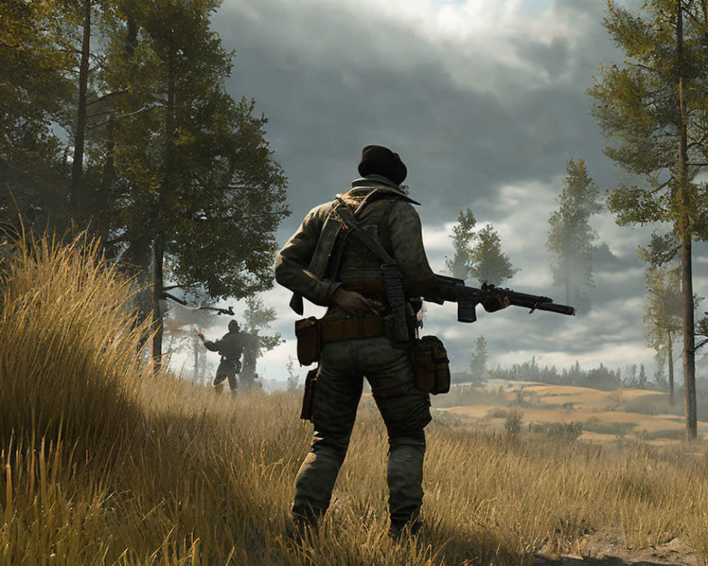 Soldier in combat gear observing soldiers in grassy field under cloudy sky