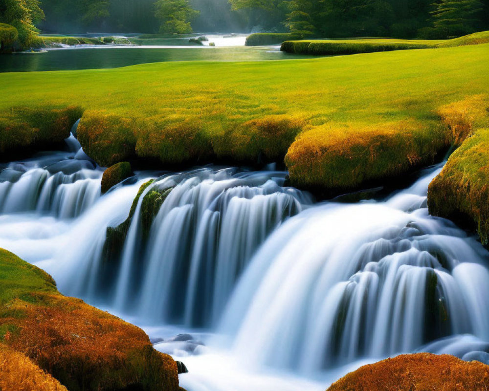 Tranquil Landscape: Cascading Waterfalls & Green Grass