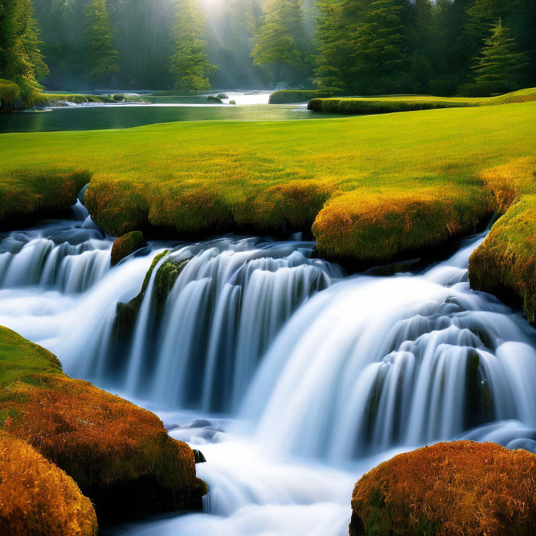 Tranquil Landscape: Cascading Waterfalls & Green Grass