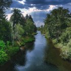 Tranquil river with greenery, purple flowers, and sunlight under cloudy sky