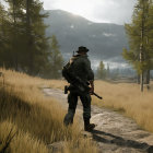 Soldier in combat gear observing soldiers in grassy field under cloudy sky