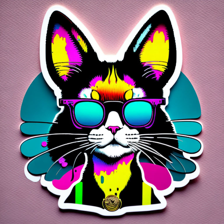 Colorful Stylized Cat Sticker with Neon Pink and Yellow Fur