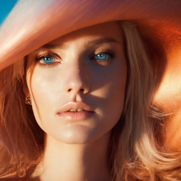 Blonde woman with blue eyes in soft-focus sunlight