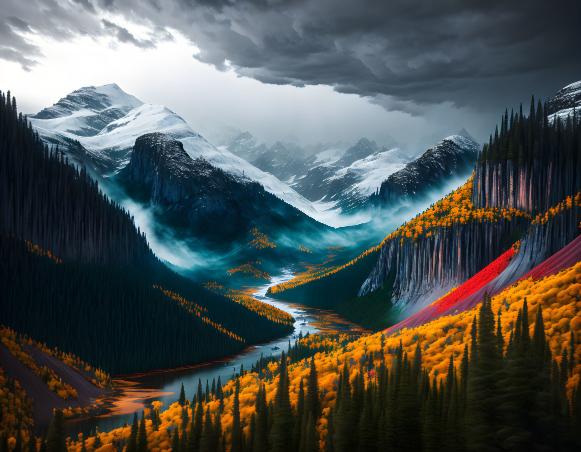 Colorful Landscape: Snow-Capped Mountains, River, Autumn Forests