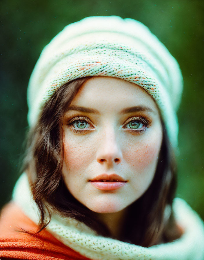 Woman with Green Eyes and Freckles in White Knitted Hat and Orange Scarf