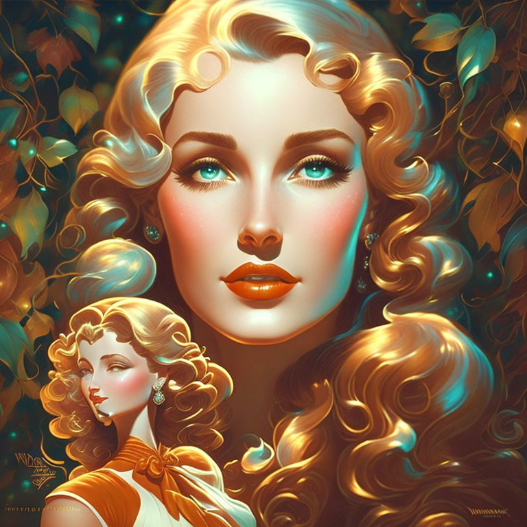 Woman with Golden Curls in Fantastical Scene