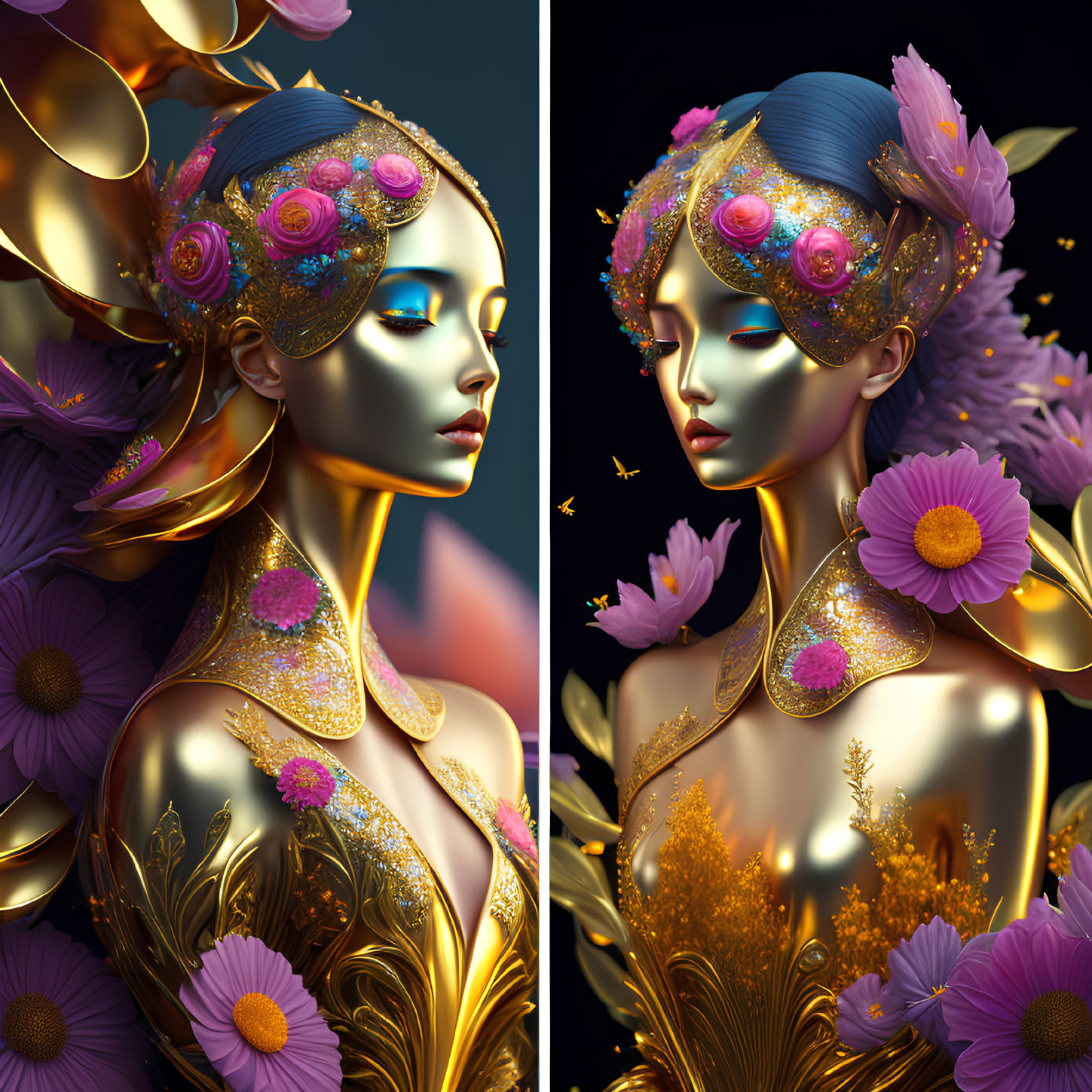 Symmetrical female figures with gold accents and pink flowers on dark background