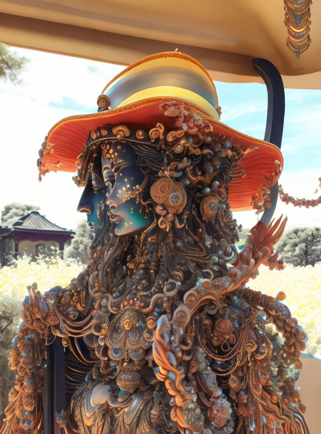 Ornate sculpture with celestial motifs and wide-brimmed hat in bright, tree-filled setting