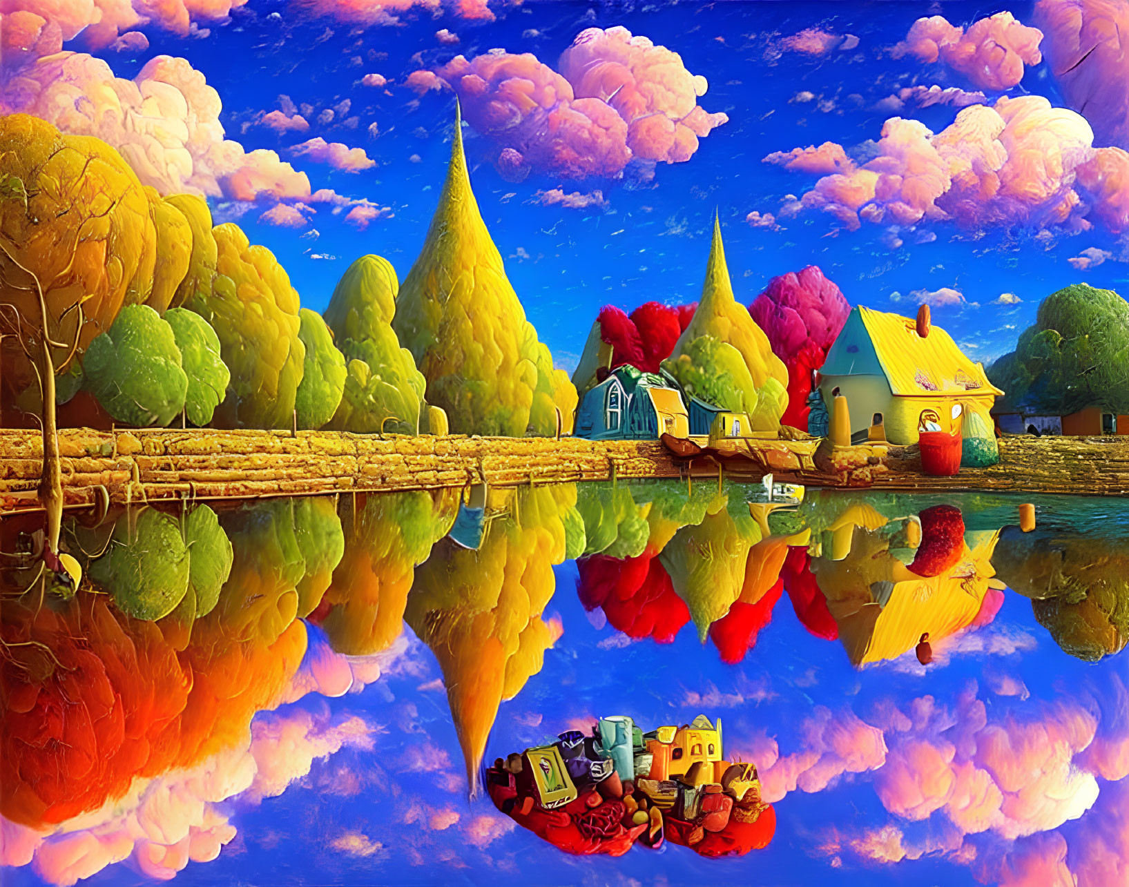 Vibrant, stylized landscape with colorful trees, whimsical houses, reflective lake