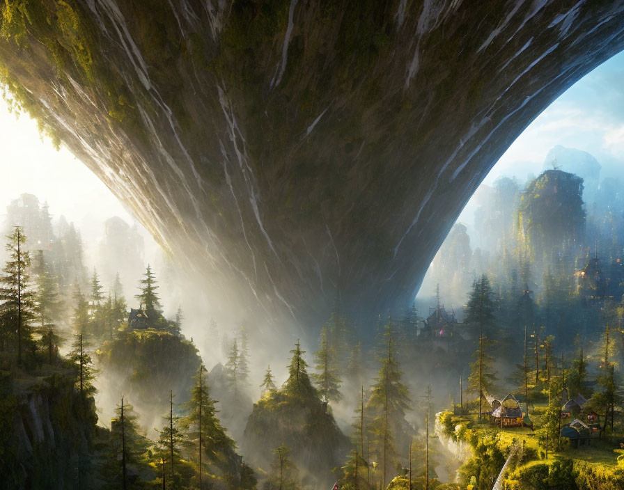 Majestic rock arch over misty forest with small houses