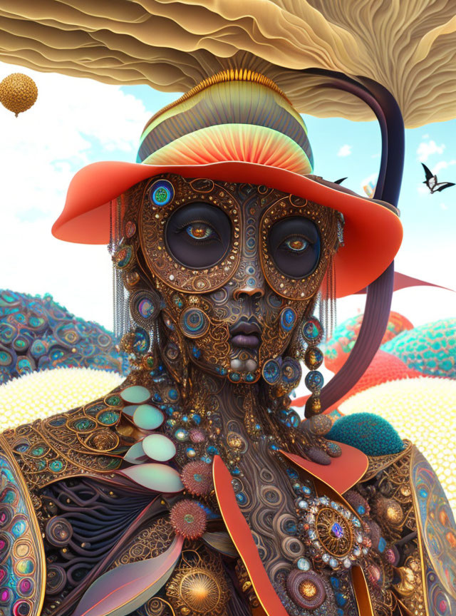 Surreal digital art: figure with mechanical features, ornate patterns, wide-brimmed hat