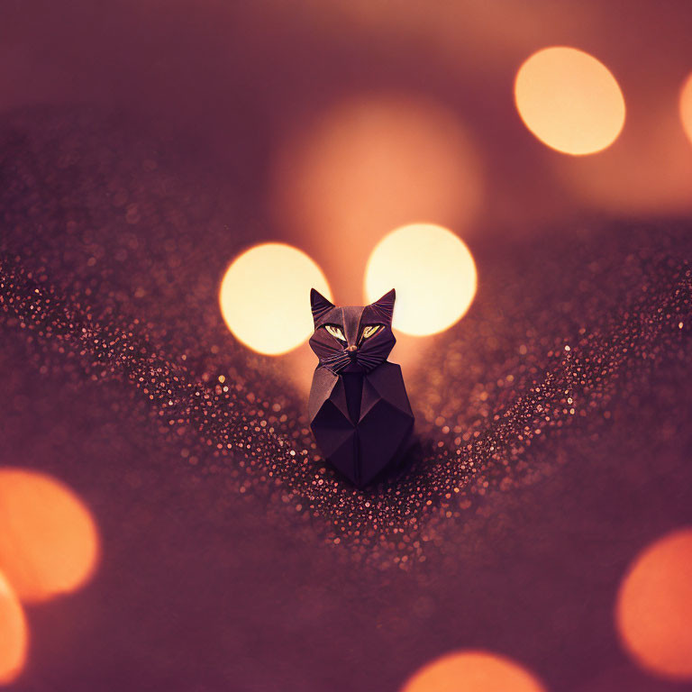 Cat Origami on Warm Bokeh Background with Glitters