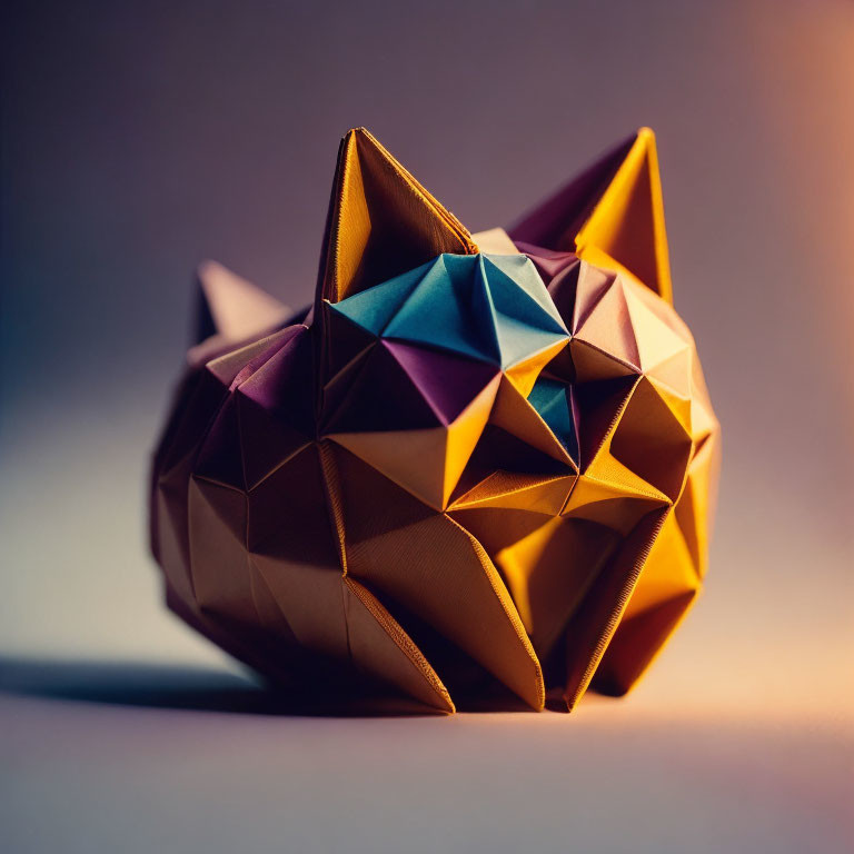 Vibrant Origami Cat Sculpture on Geometric Shapes and Gradient Background