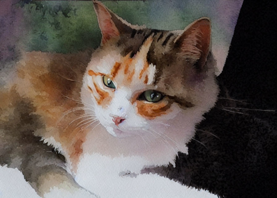 Cat with striped fur and green eyes in watercolor-style digital art