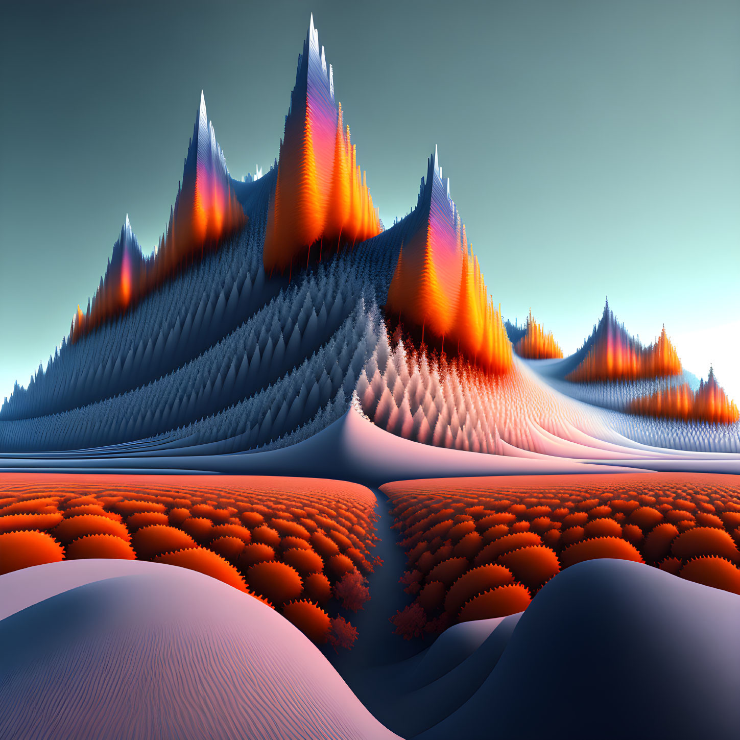 Vibrant orange and blue soundwave peaks in surreal landscape