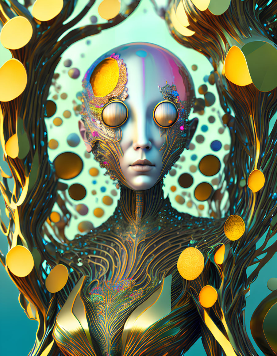 Surreal Human-Like Figure with Tree-Like Features and Circular Voids