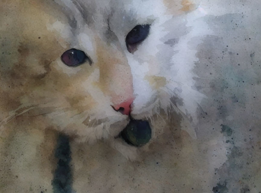 Close-Up Cat Watercolor Painting with Purple Eyes and Pink Nose