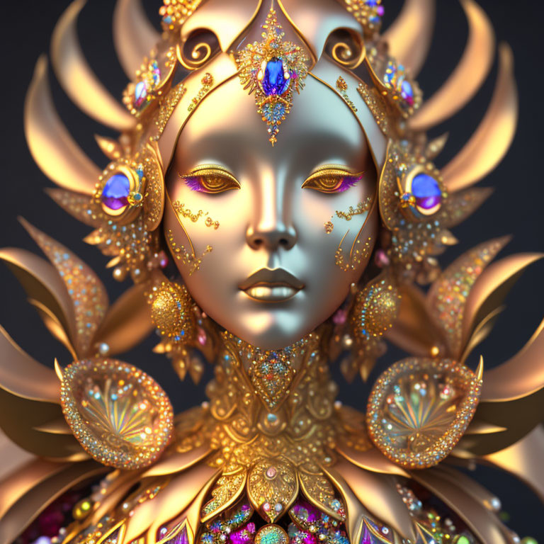 Intricate golden headdress on sculpted face with tranquil expression