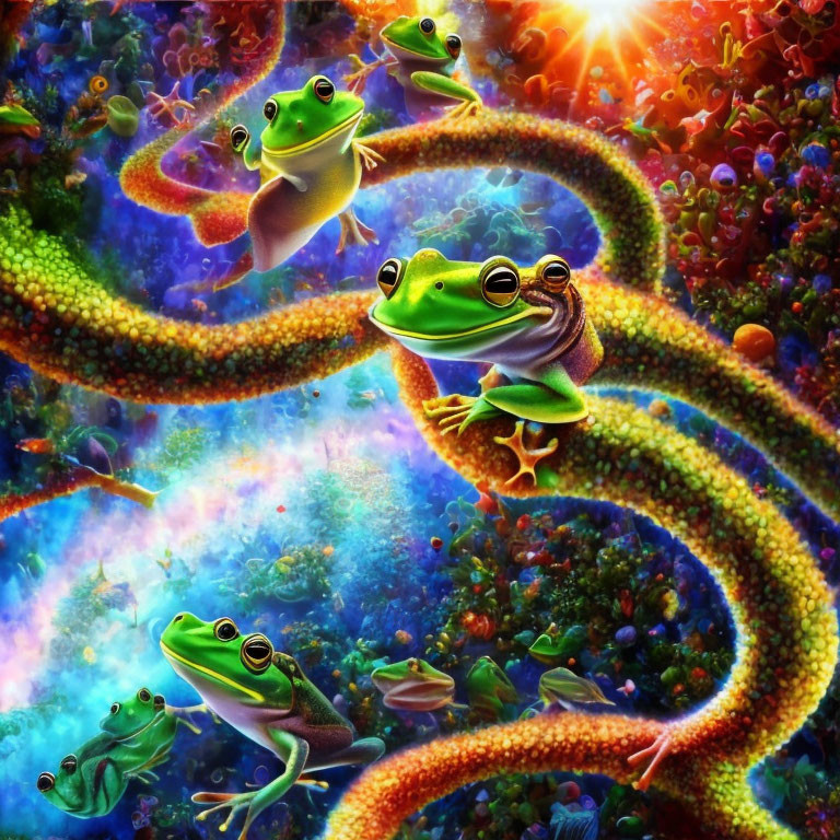 Colorful artwork: Green frogs on vines with surreal flora & radiant light.