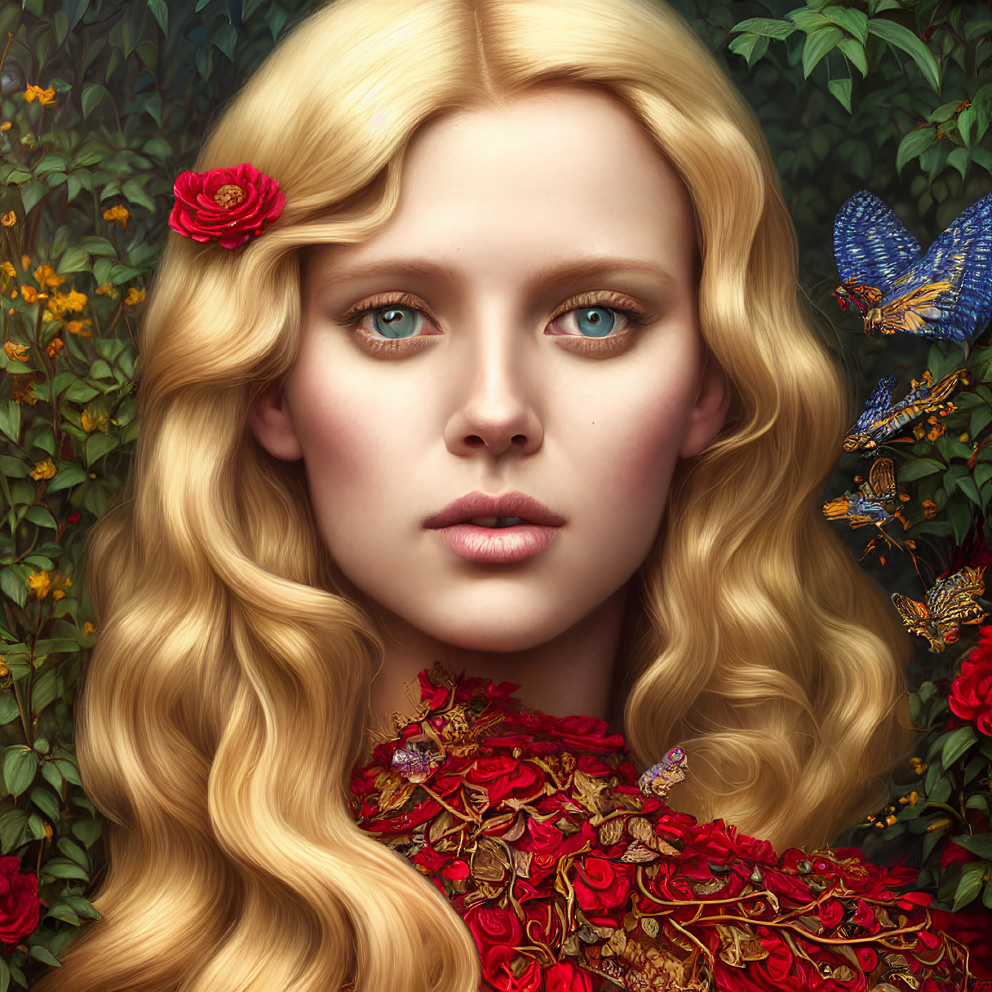 Blond woman with blue eyes in floral setting