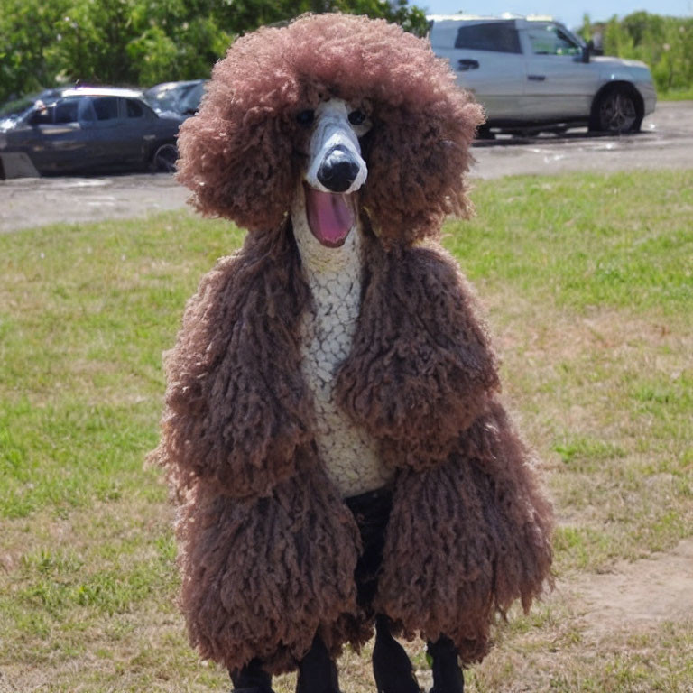 Brown curly-coated standard poodle on grass, facing camera, with cars and trees in background