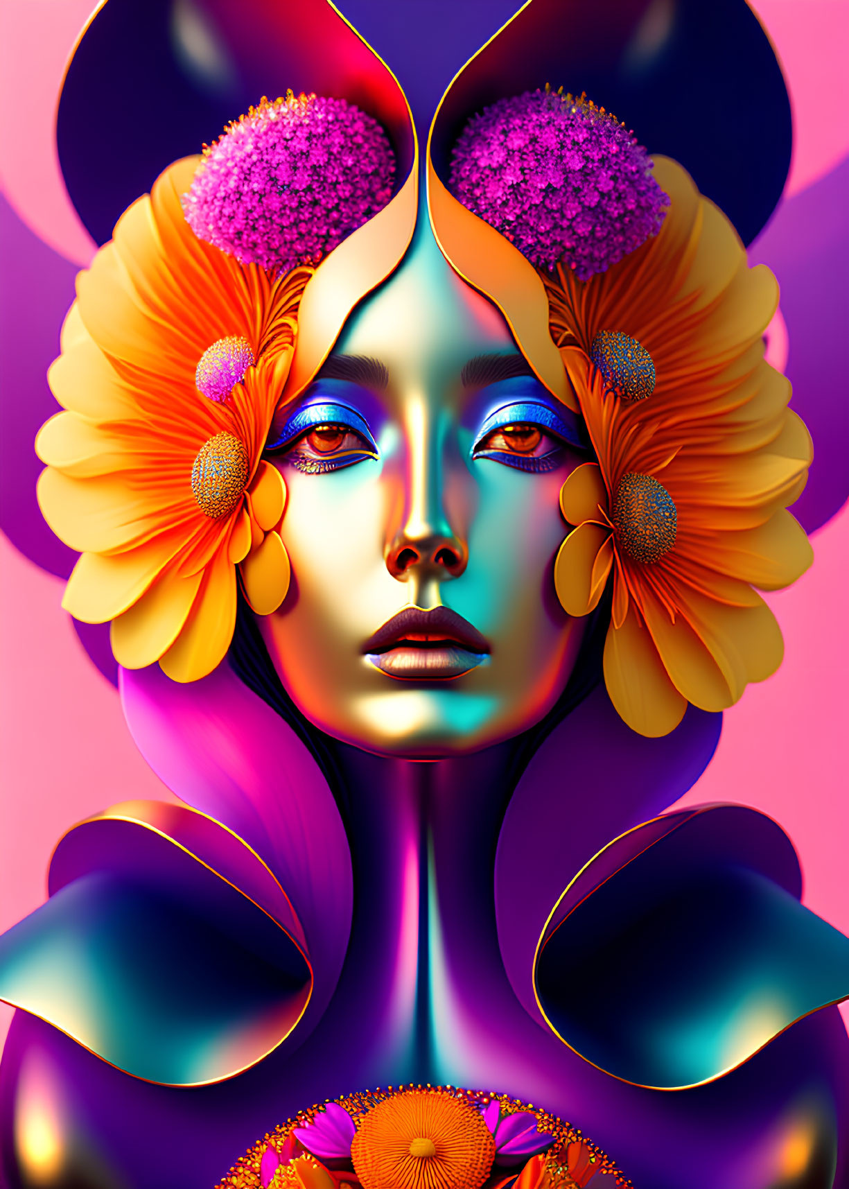 Colorful digital portrait of stylized woman with blue skin and golden eyes, surrounded by abstract floral elements