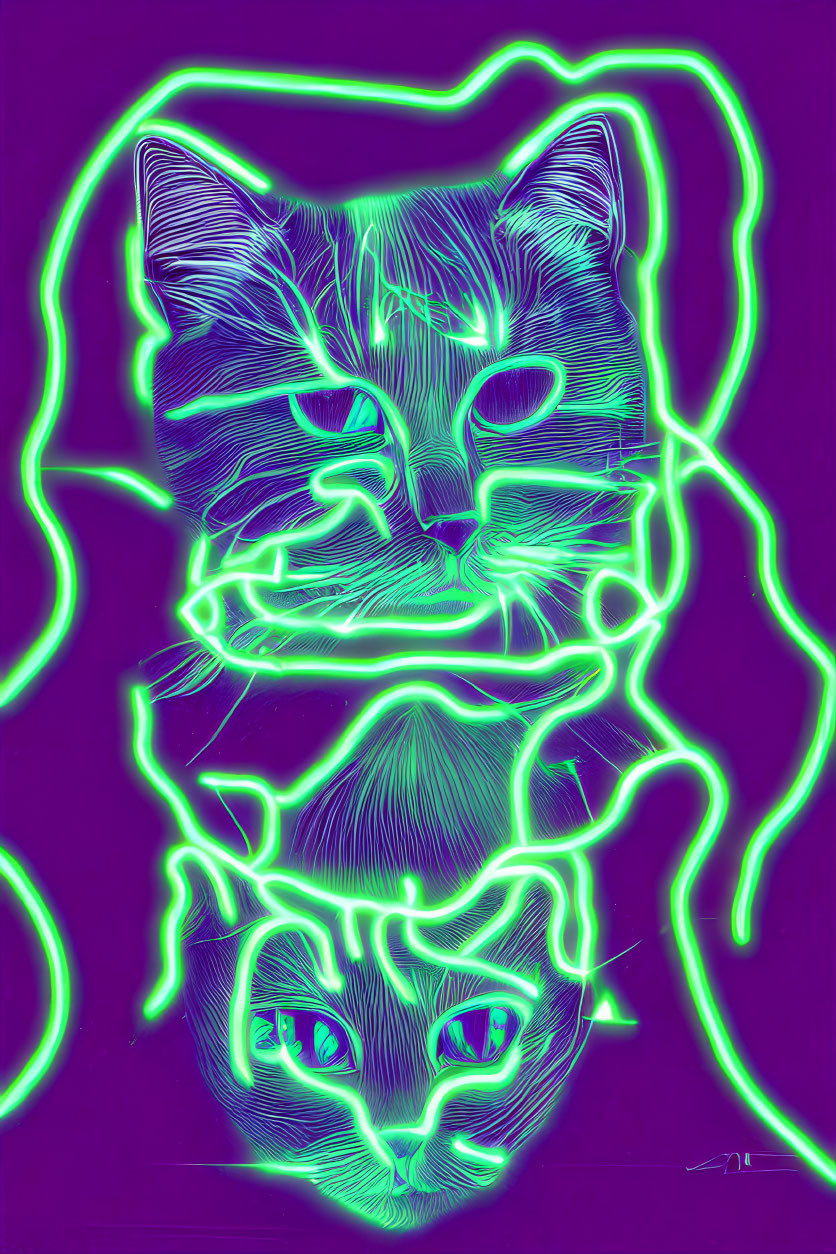 Neon-style digital artwork of two cat faces on purple background