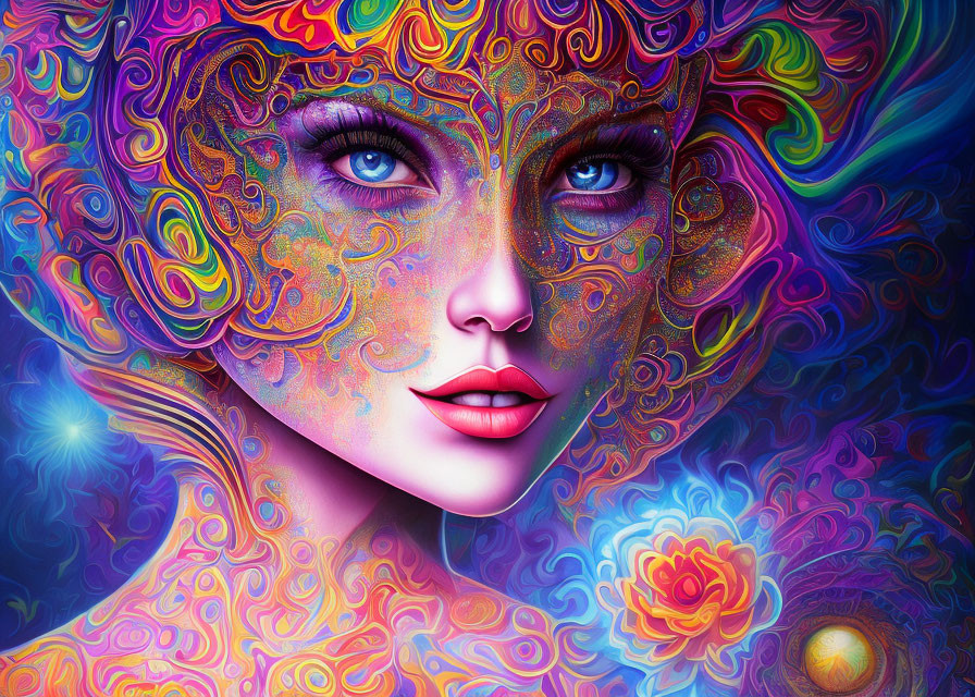 Colorful Psychedelic Digital Portrait of Woman with Starry Background