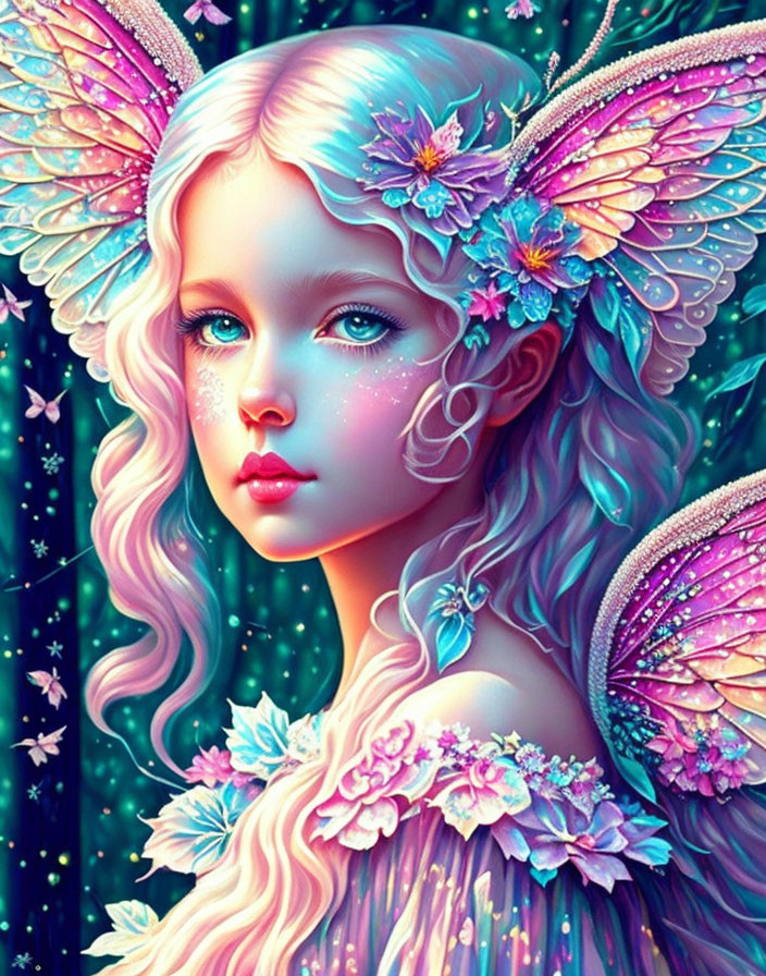 Colorful fairy with butterfly wings in starry fantasy scene