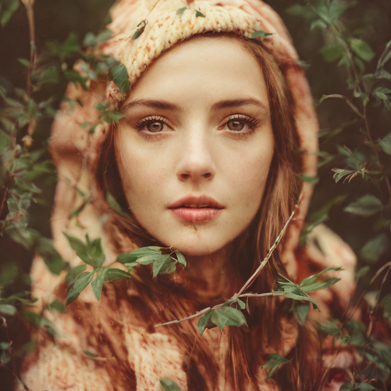 Woman in Knitted Hood Gazes Through Green Leaves