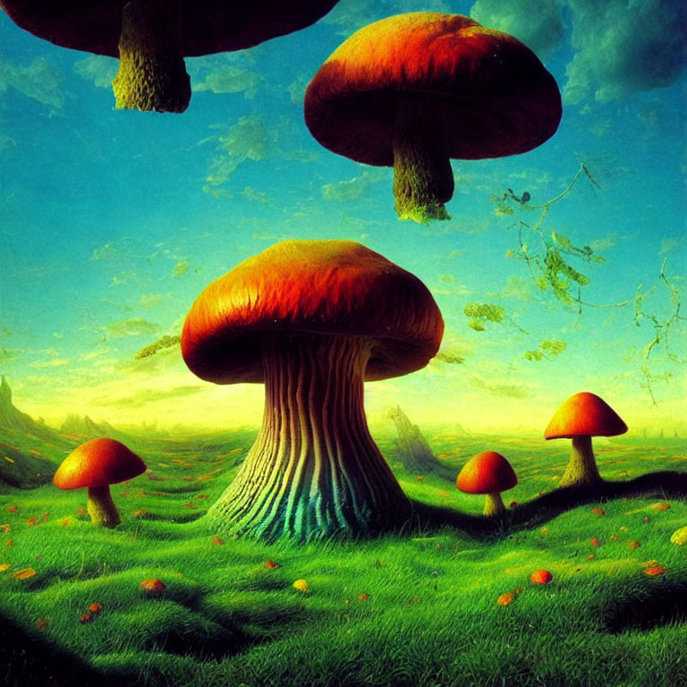 Colorful surreal landscape with oversized mushrooms and blue sky