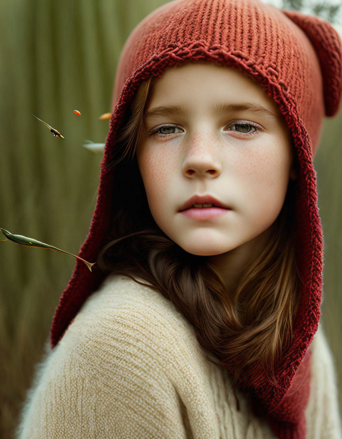 Young girl with long brown hair in red hood and beige sweater gazes pensively in nature.